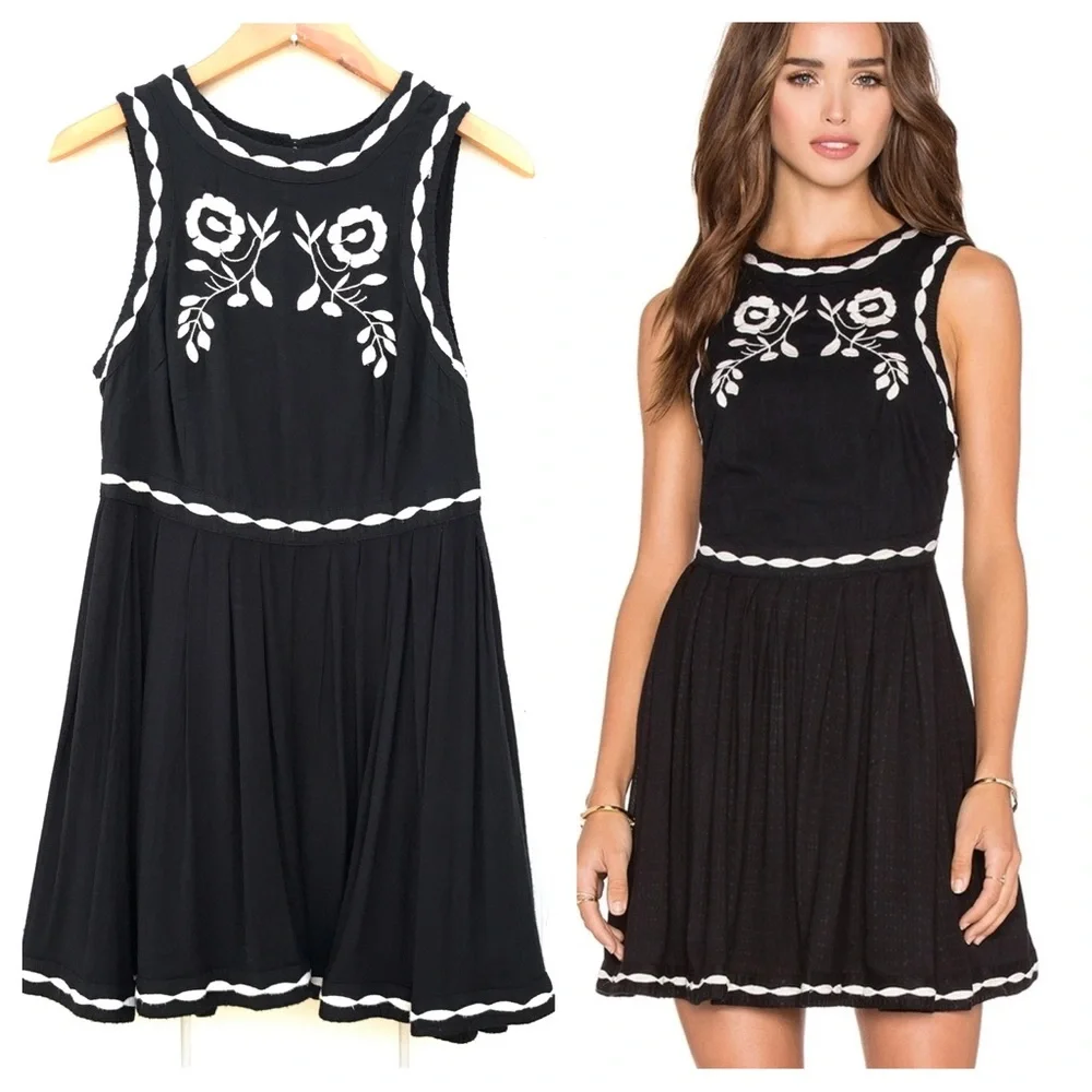 Free People Black Dress with Cream Bird Embroidery